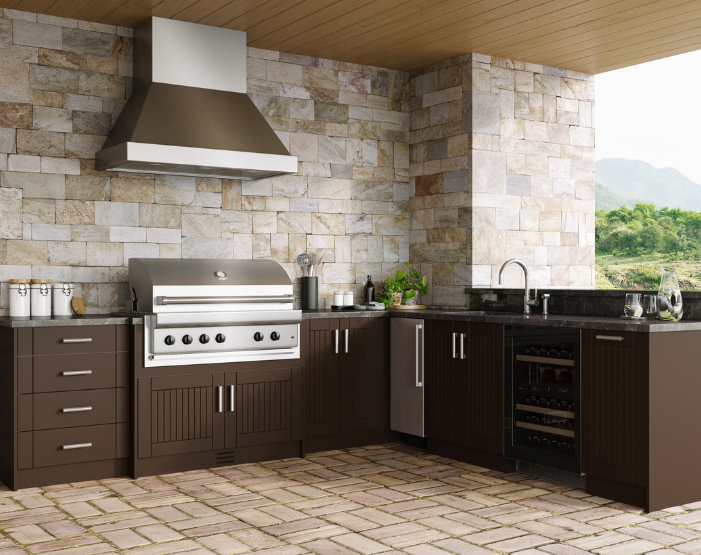 Outdoor kitchen with dark wooden cabinetry